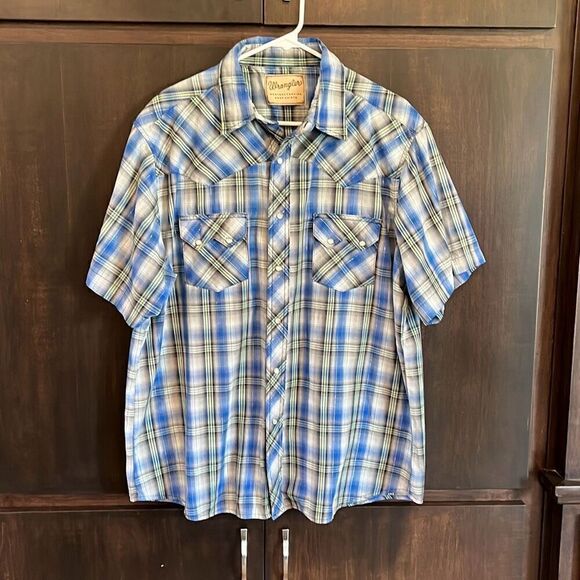 Wrangler Blue Plaid Short Sleeve Pearl Snap Shirt XL - Picture 1 of 4